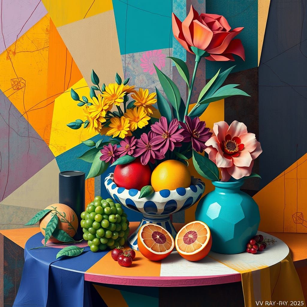 Vibrant Neo-Cubist Still Life with Art Deco Patterns and Fau...