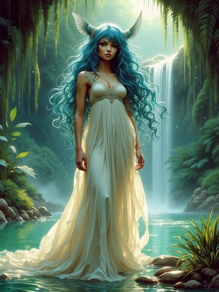 Serene Forest Nymph in Emerald Grotto with Crystal Waterfall