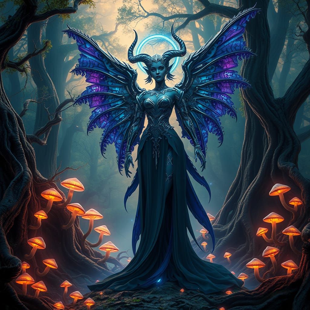 Ethereal Biomechanical Sorceress in Ancient Forest