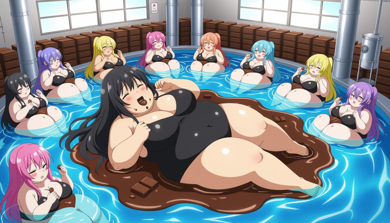 Obese Anime Girl Indulges in Chocolate Ocean
