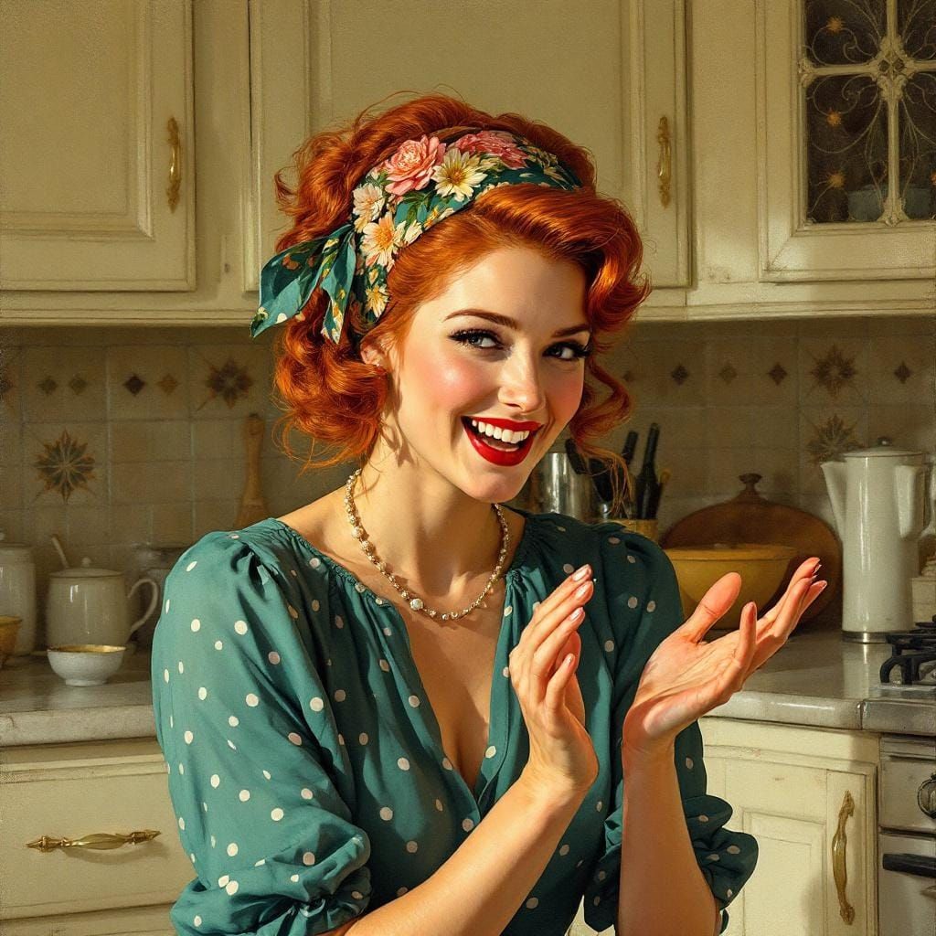 Vintage Kitchen Scene in Alphonse Mucha Style
