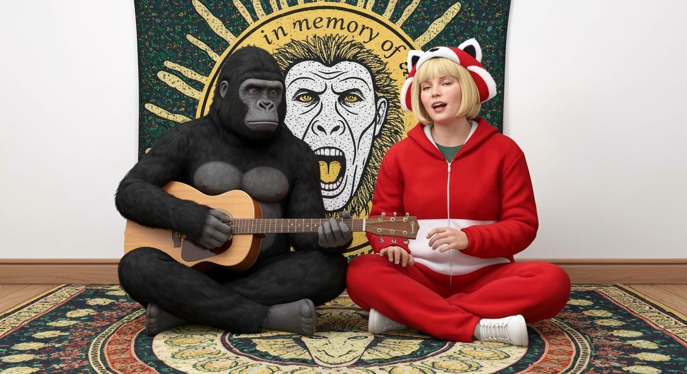 Hippie Couple Play Guitar on Tapestry