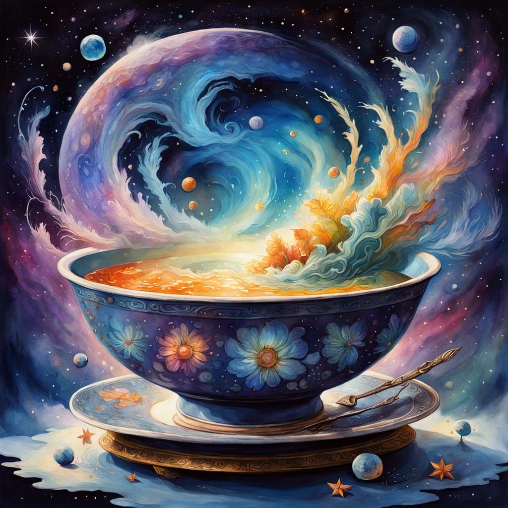 Enchanted Soup in Space Watercolor Painting