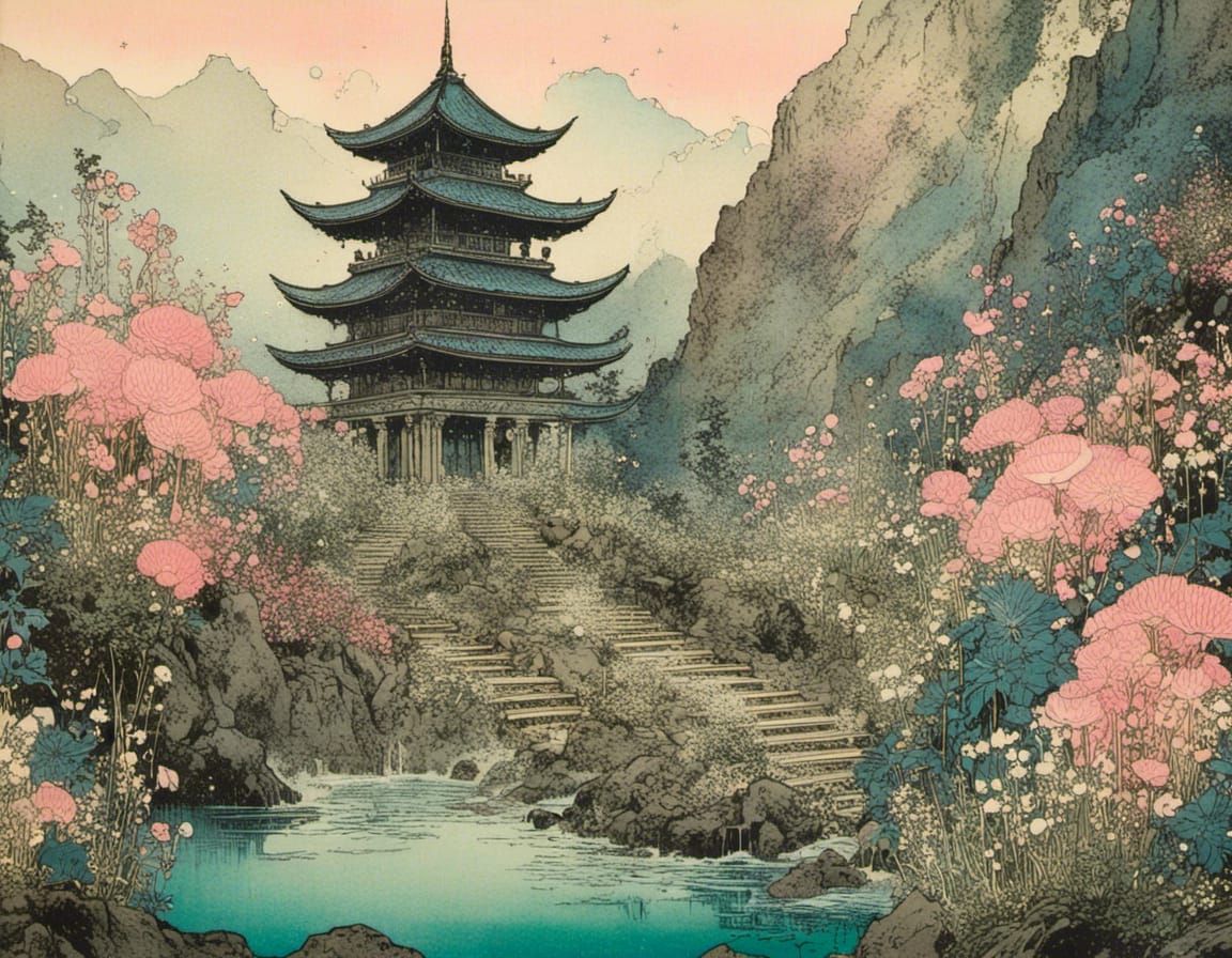 Ukiyo-e Temple Scene with Flowers in Watercolor Style