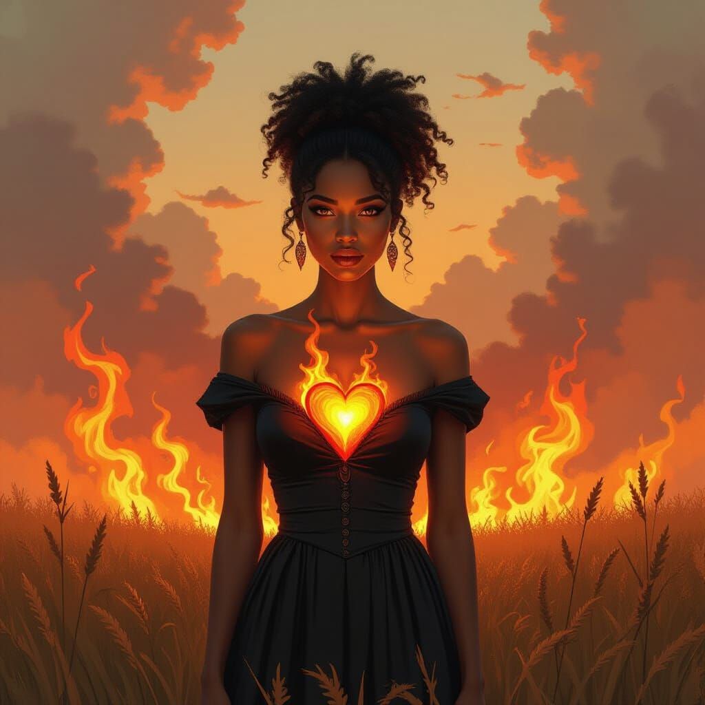Fiery Afrofuturist Heart in Surreal Landscape