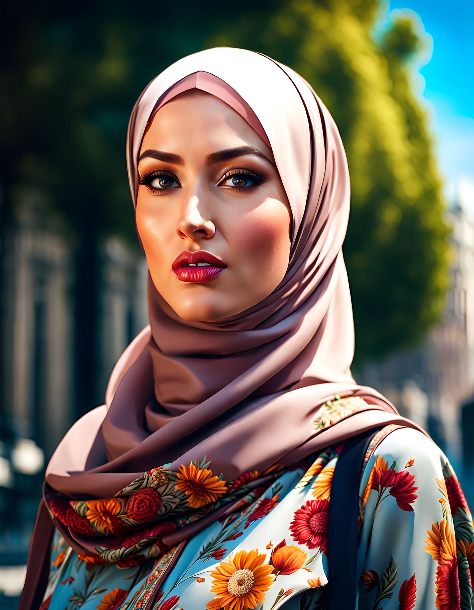 Beautiful Hijabi Woman in Summer Dress in City