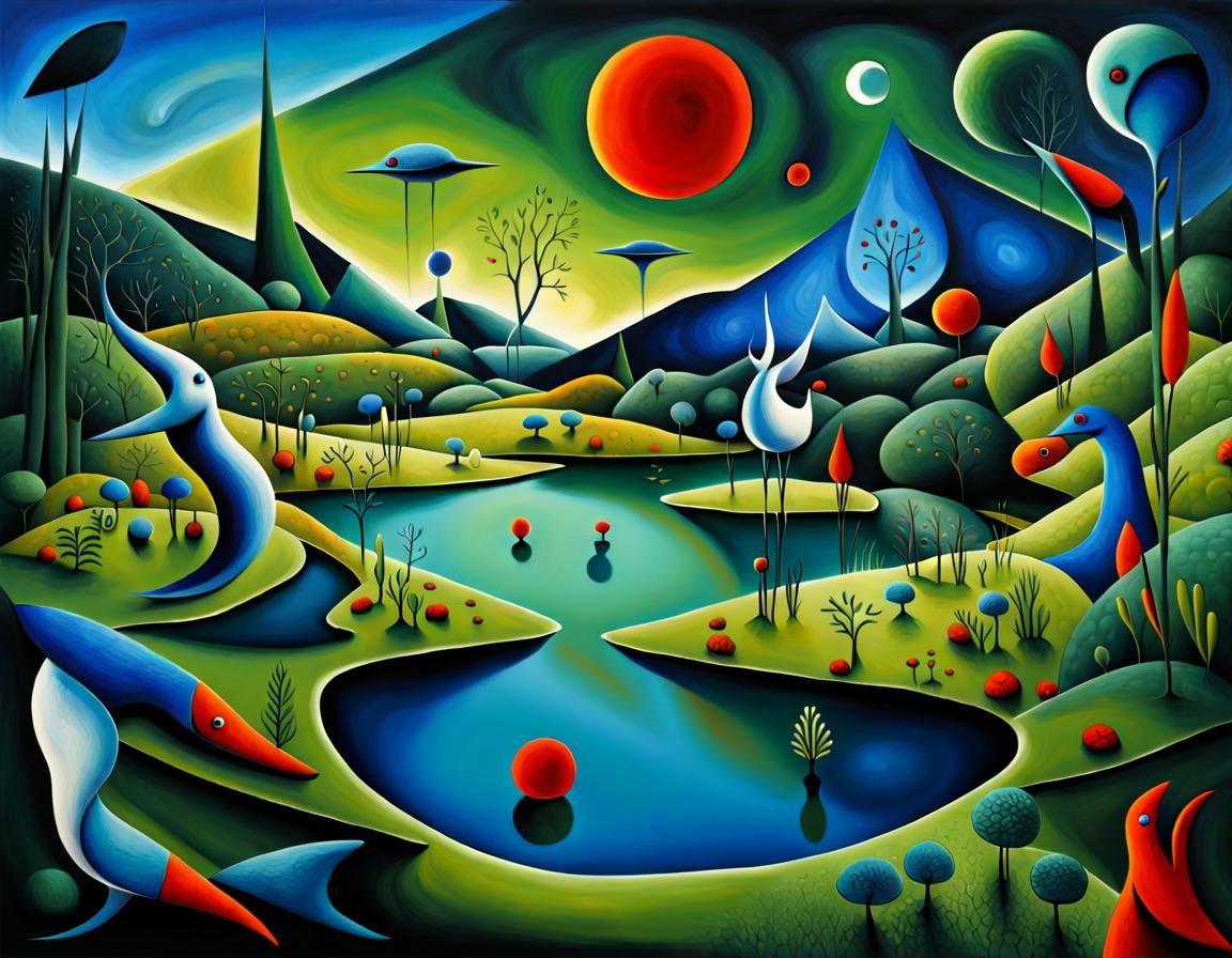 Surreal Cubist Creatures in Green Valley Landscape