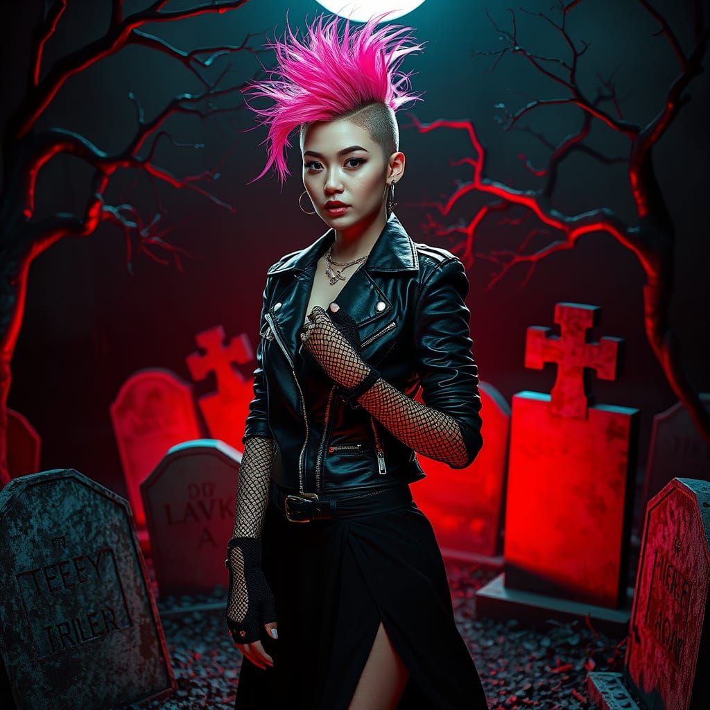 Vibrant Punk Goddess Emerges in a Haunted Cemetery