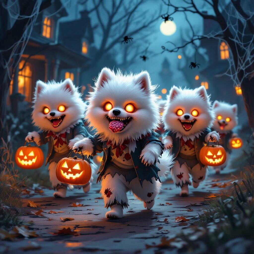 Fluffy Pomeranian Zombies Trick-or-Treating on Halloween