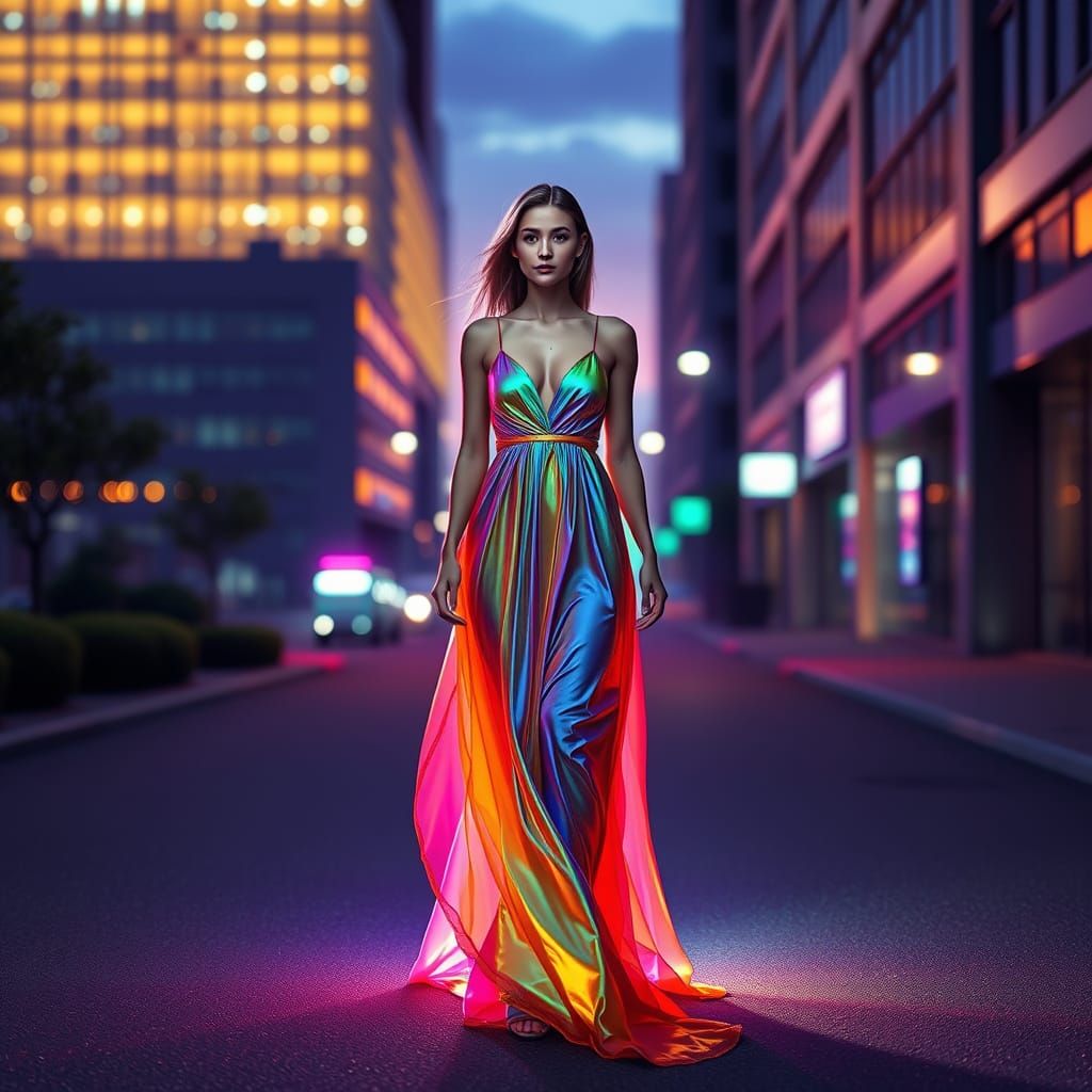 Woman in Shimmering Gown on Modern Street at Dusk