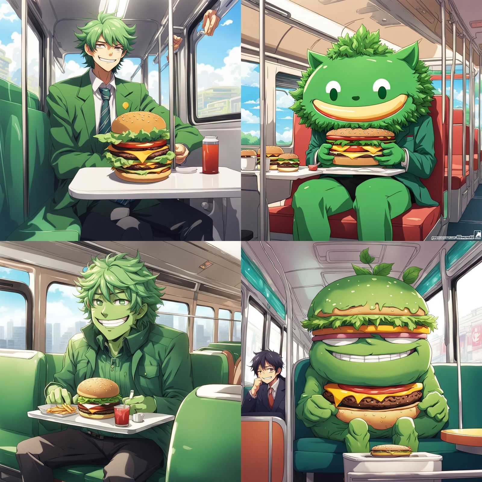 Green Figure on Burger Coach in Anime Style