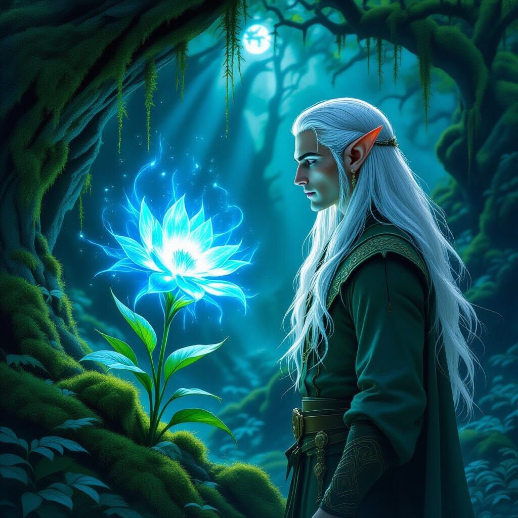 Elf Discovers Glowing Blue Flower in Moonlit Forest