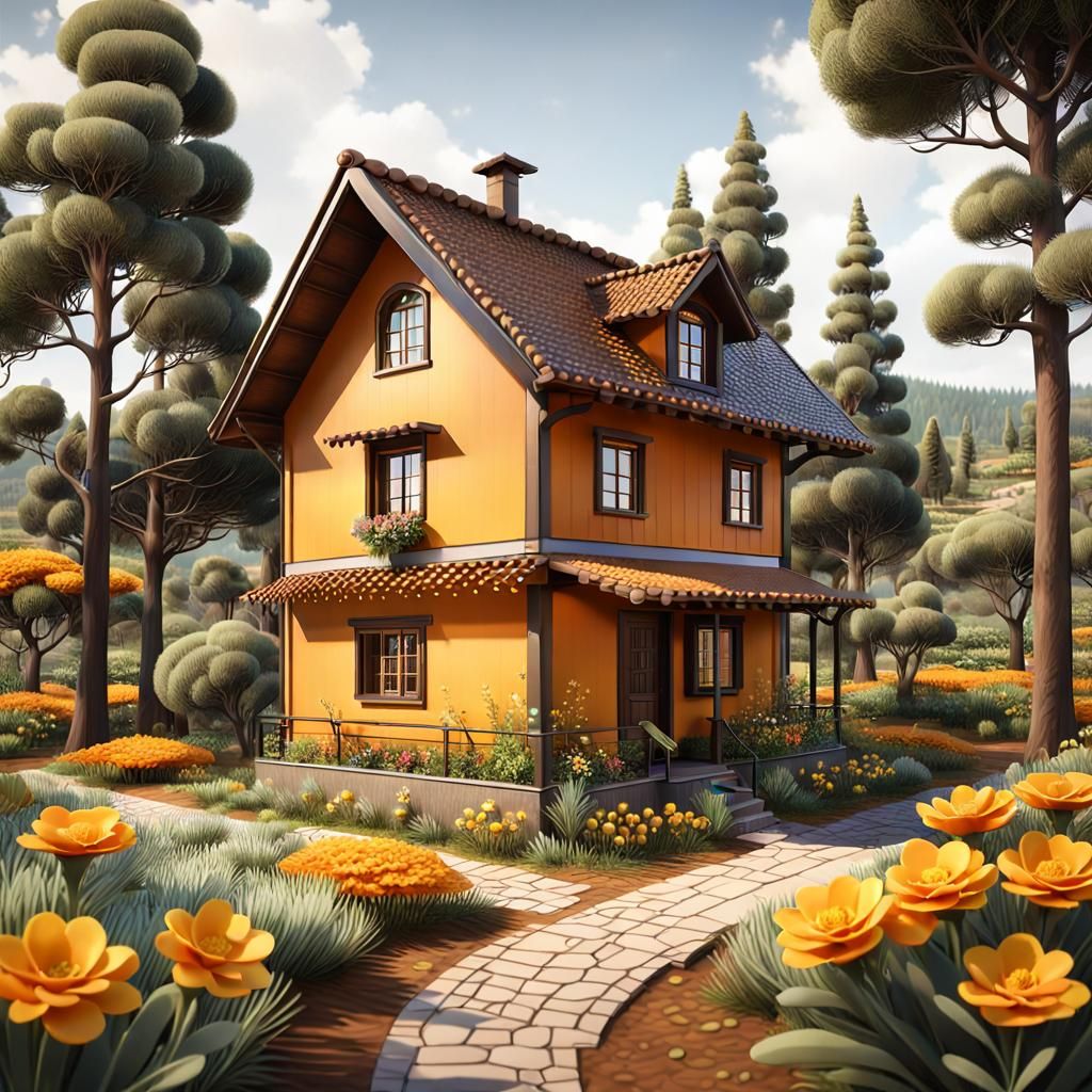 Realistic House with Spring Garden in Remote Setting