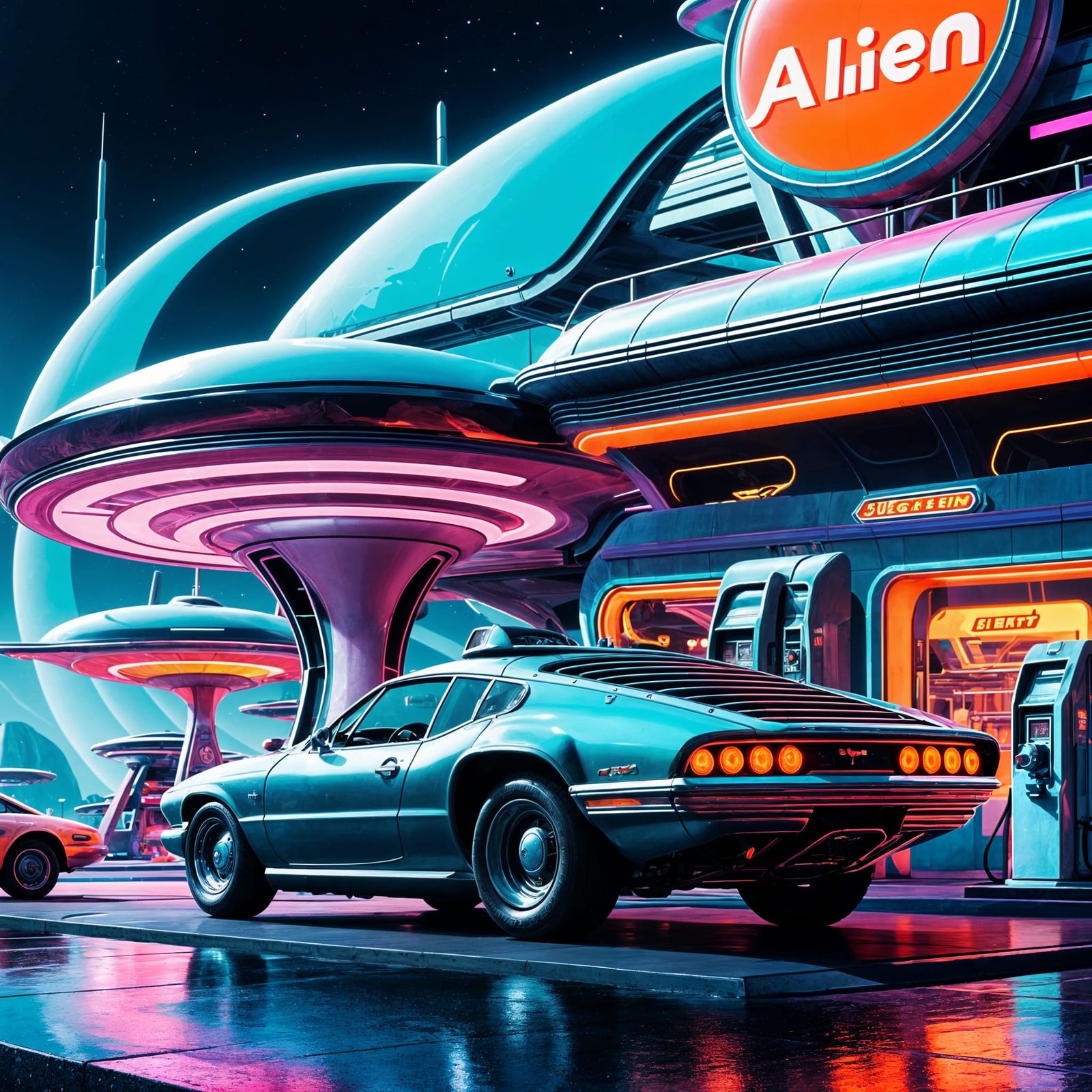 Psychedelic Alien Gas Station in Futuristic Synthography