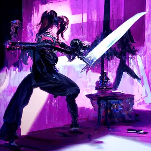 Anime Girls Sword Fight: Sinister Oil Painting