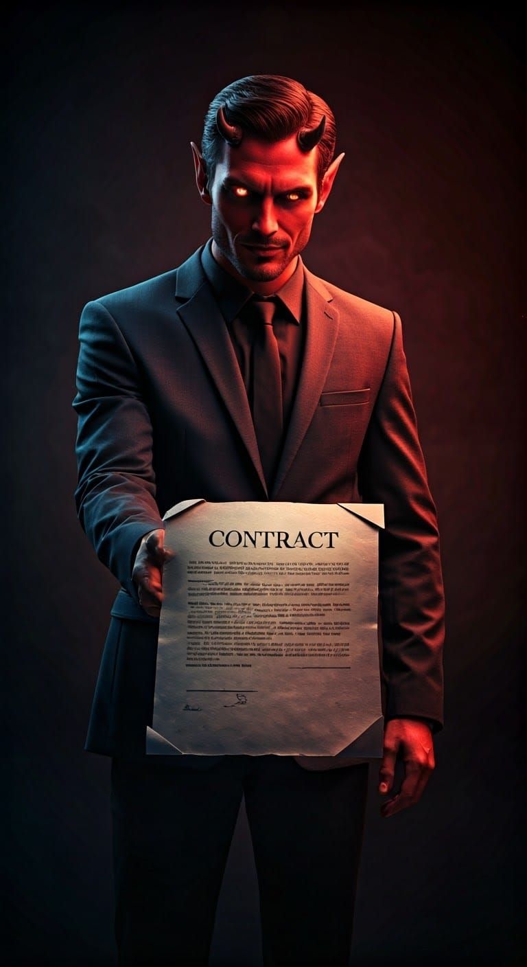 Devil handing over a contract for your soul,smirking evil; eyes a gleaming,Onyx crimson fire suited." contrasting colors...