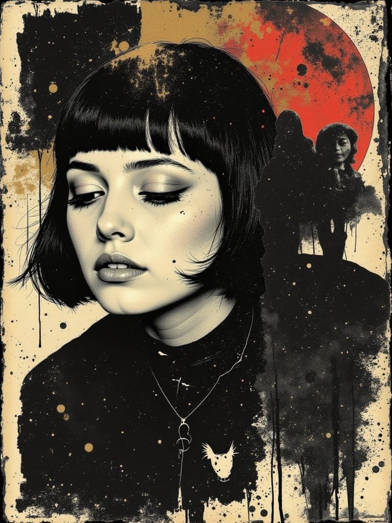 Gothic Woman in Double Exposure with Burnished Gold Accents