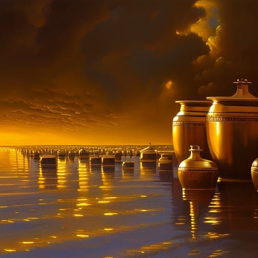 Golden Urns Overflowing with Light: Oil Painting