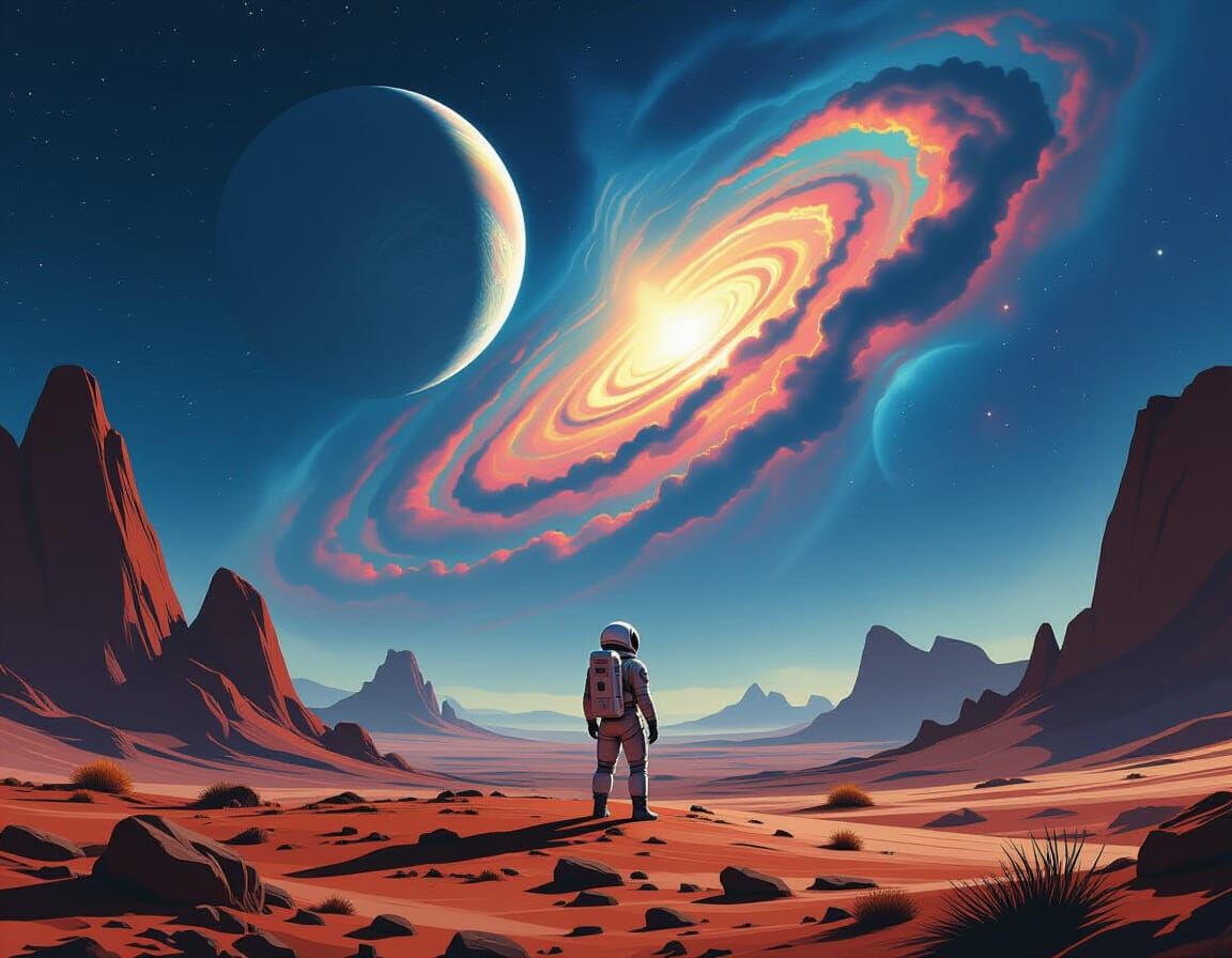Astronaut on Barren Planet Gazing at Nebula