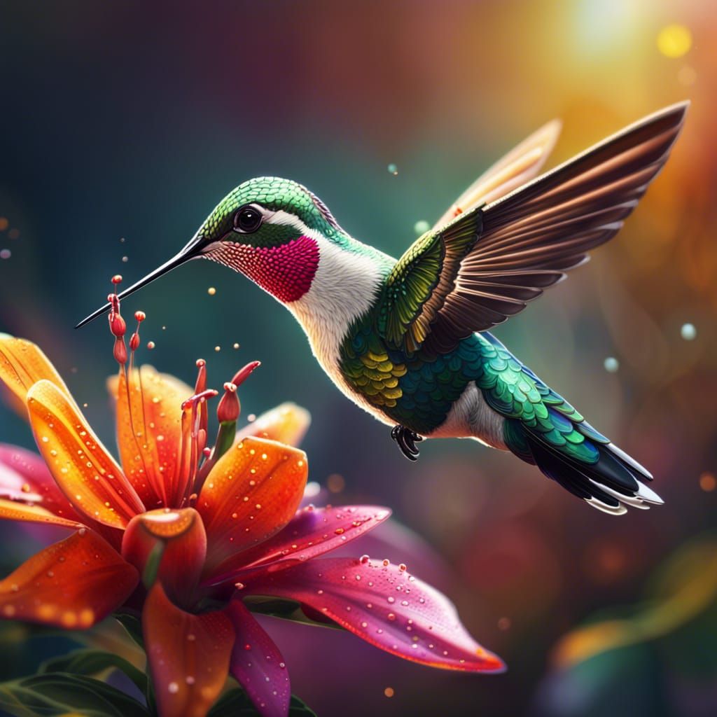 Hummingbird Drinking Nectar: Hyperrealistic Splash Art