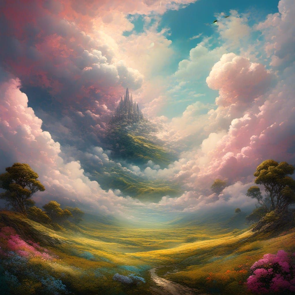 Fantasy Landscape with Floating Clouds: Digital Illustration