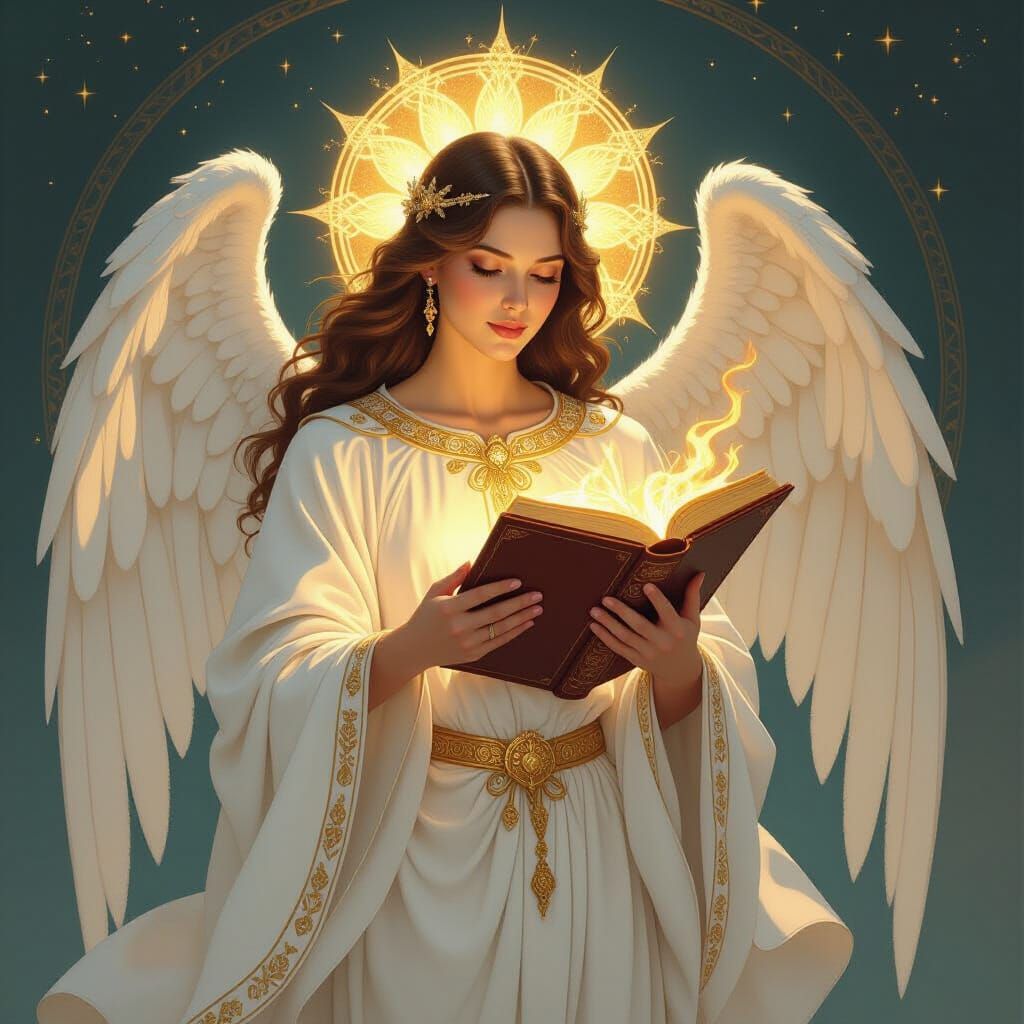 Radiant Angel Uriel Holding Book in Dreamlike Style