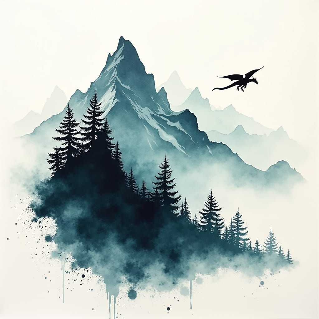 Ink Splatter Dragon Silhouette Mountain Landscape