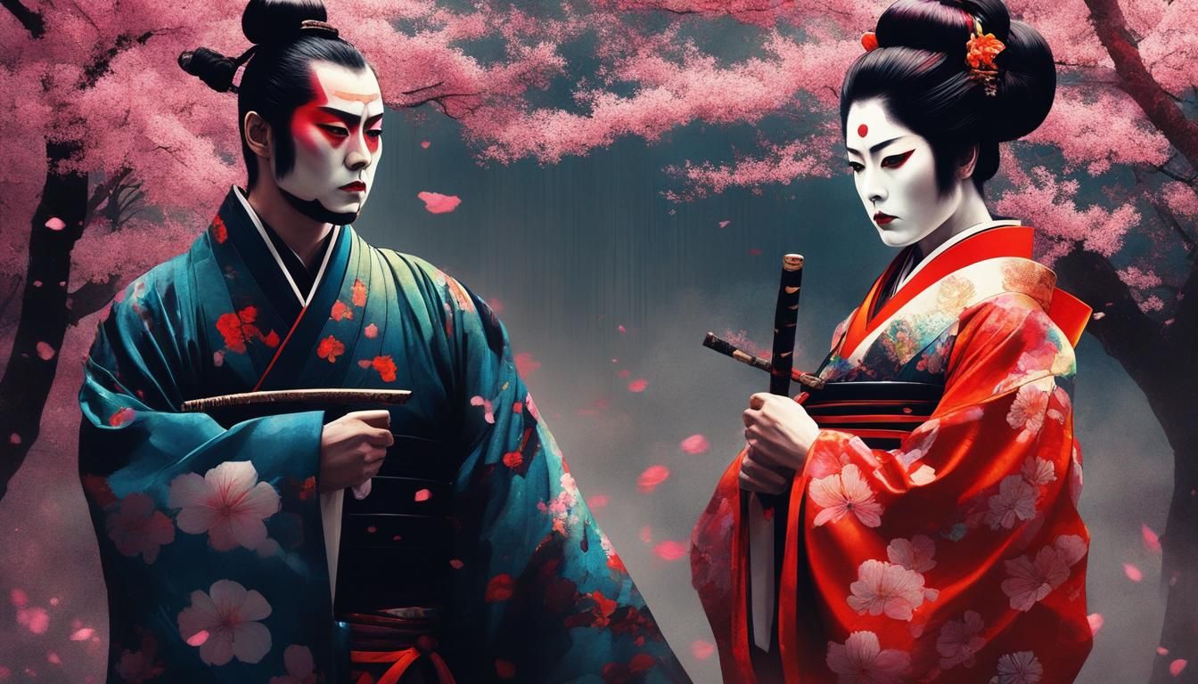 Kabuki Samurai vs Geisha in Cherry Blossoms