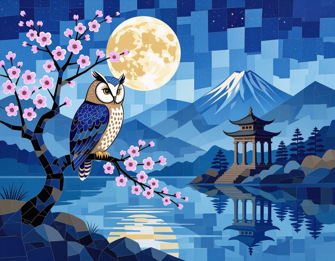 Sumi-e Owl on Sakura Tree Under Moon