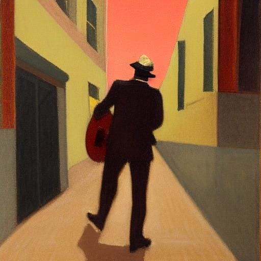 Jazz Musican Strolls Down a Rustic Alley