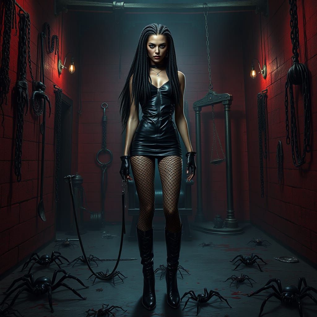 Gothic Vampire Domme in Leather Attire with Whip and Chains