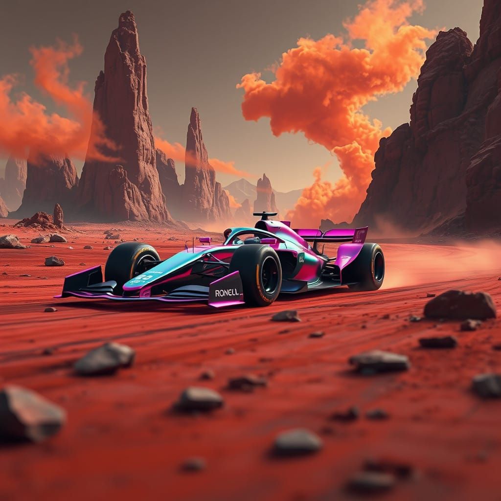 Sleek Formula 1 Car Speeds Across Martian Landscape in Cyber...