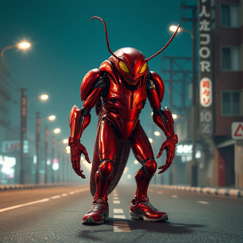 Red Insectoid Alien Stands on Neon Japanese Road