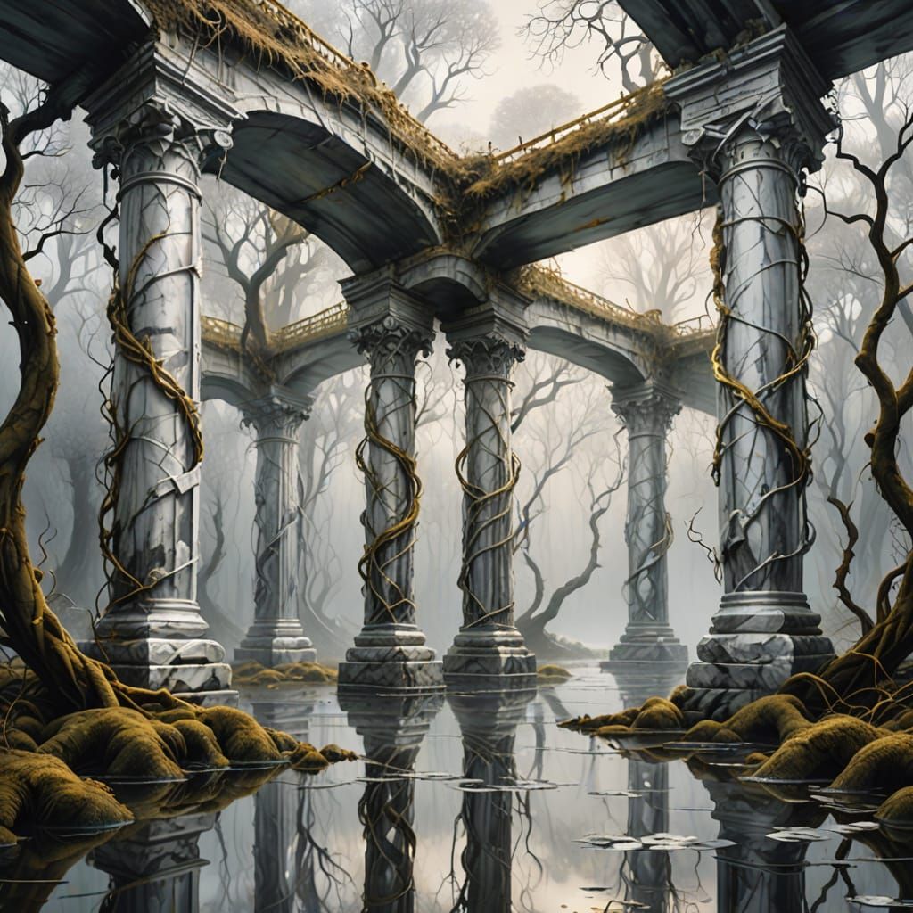 Surreal Marble Bridge Pillars in Misty Swamp