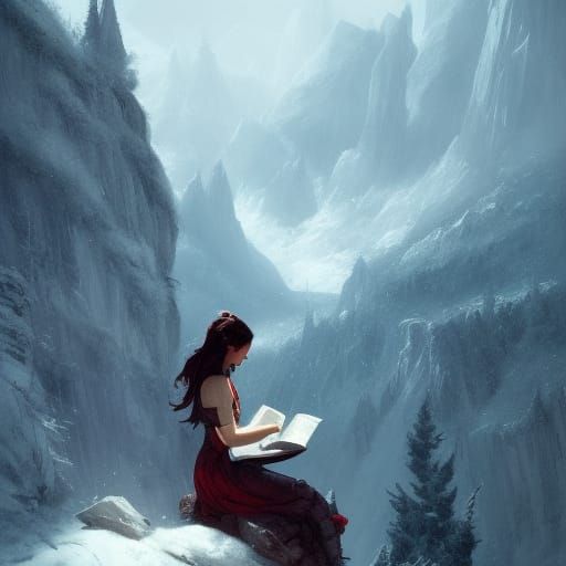 Girl Reads on Mountain with Wolf: Dark Fantasy Art