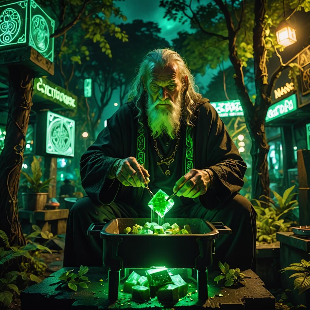 Celtic Druid Cooks Aspic in Cyberpunk Jungle