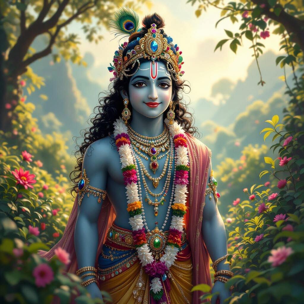 Krishna in Gemstone Robes Amidst Lush Landscape