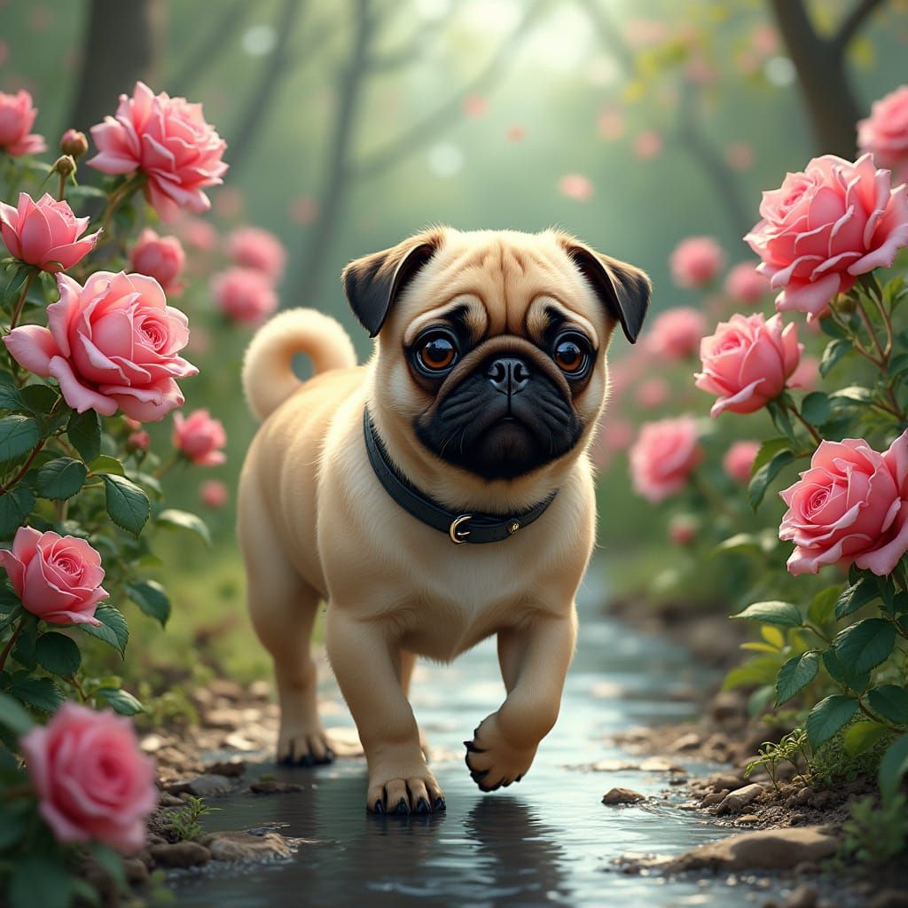 Pug's Rose Garden Stroll: Realistic Digital Art