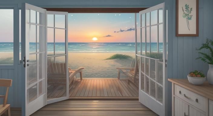 Beach House Sunrise Watercolor Painting in Ghibli Style
