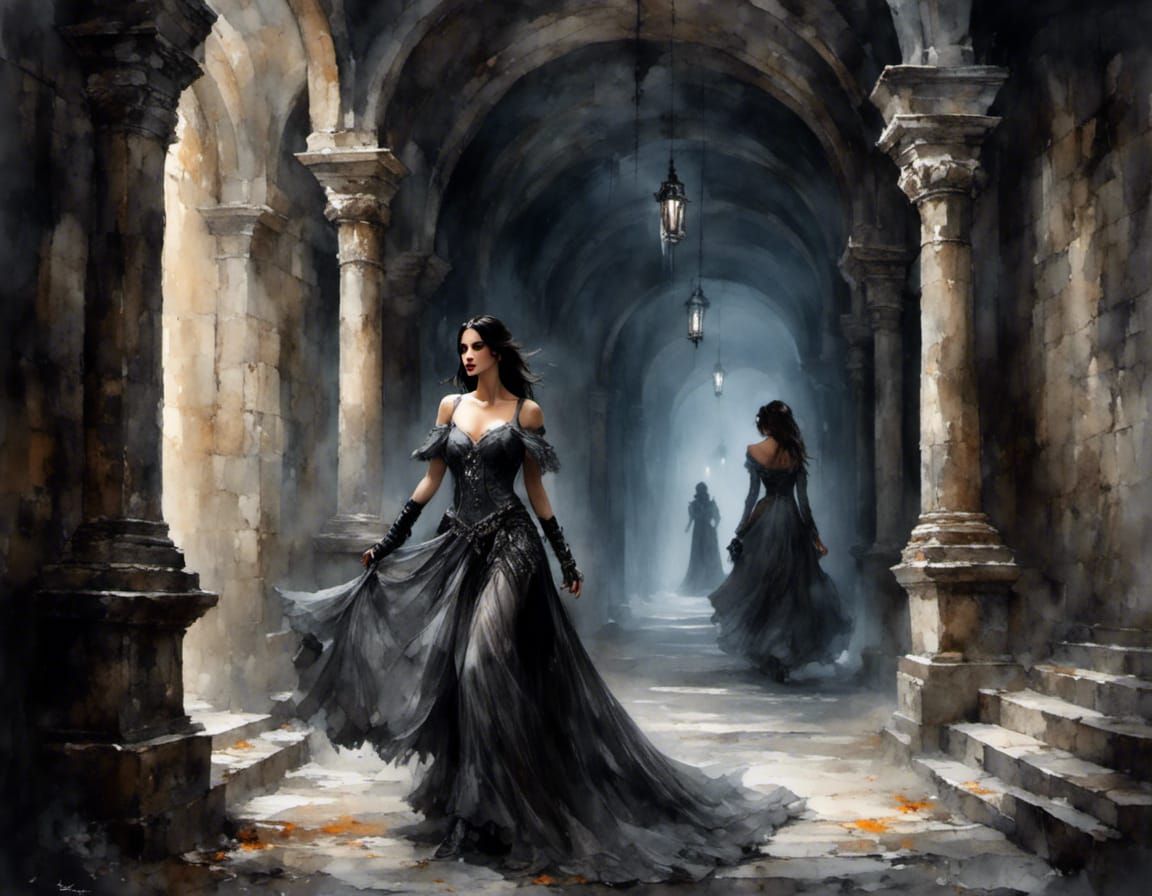 Maiden's Escape: Macabre Dark Fantasy Castle Corridor