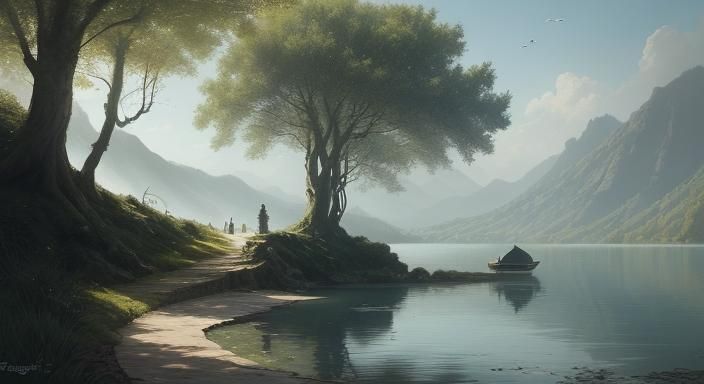 Sinister Lakeside Scene in a Dark Fantasy Style
