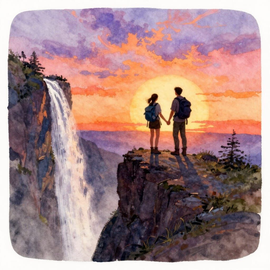 Impressionistic Watercolor of Couple on Cliff Overlooking Wa...