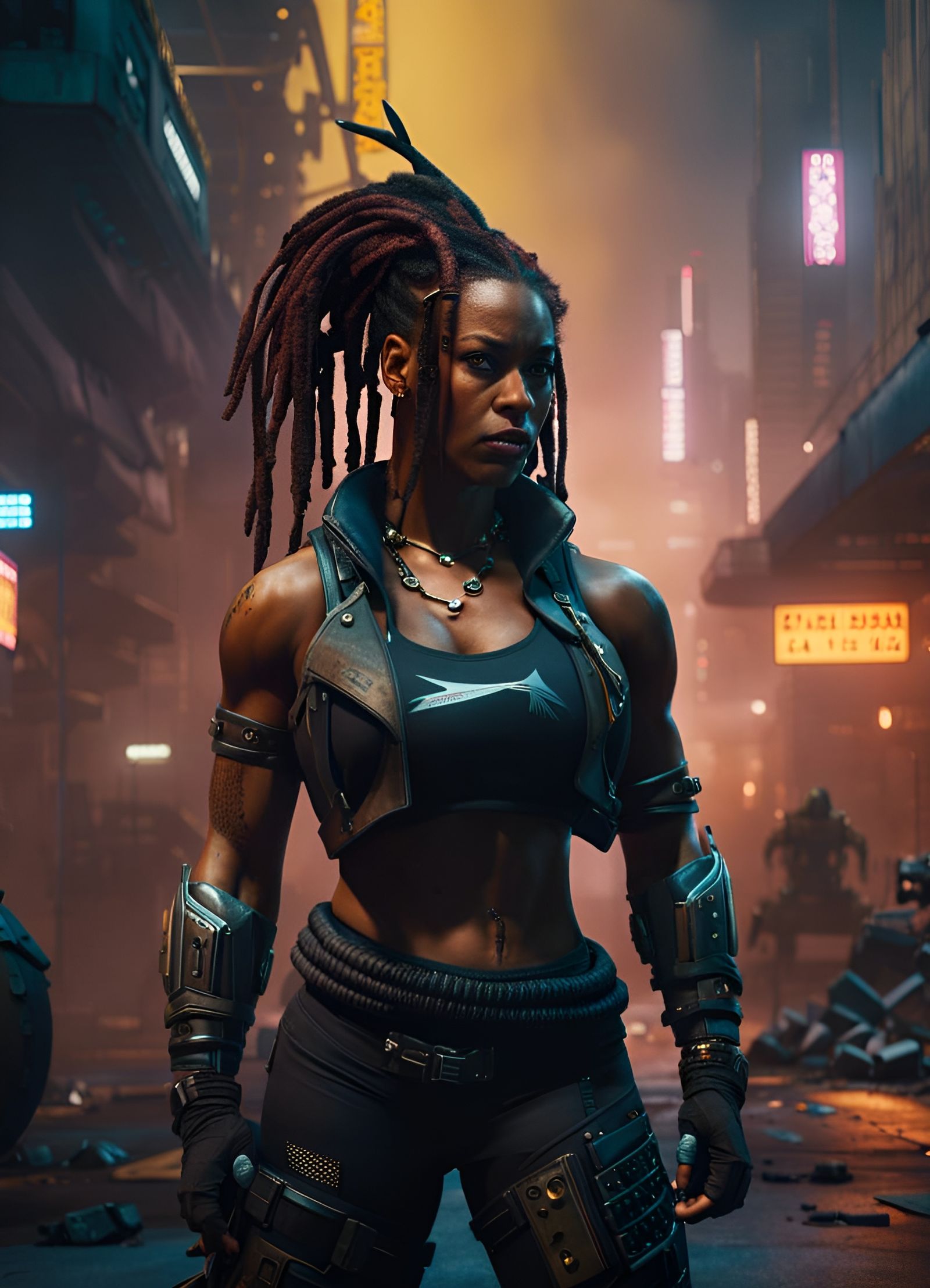 Cyberpunk Cyborg Bodybuilder in Dystopian Cityscape