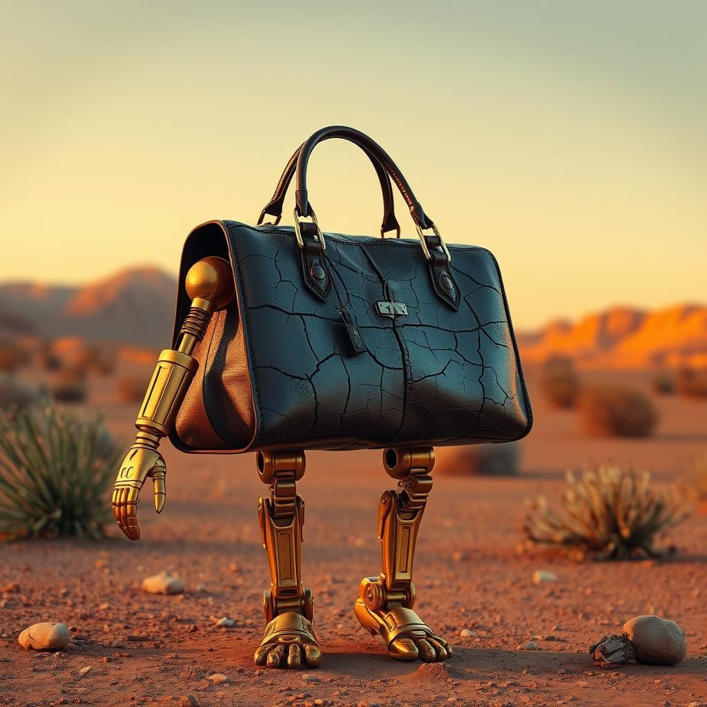 Cracked Purse with Robot Legs in Desert, Hyperrealistic Art