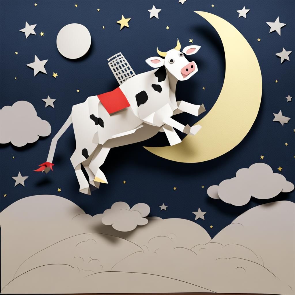 Cow Jumping Over the Moon in Papercraft Style