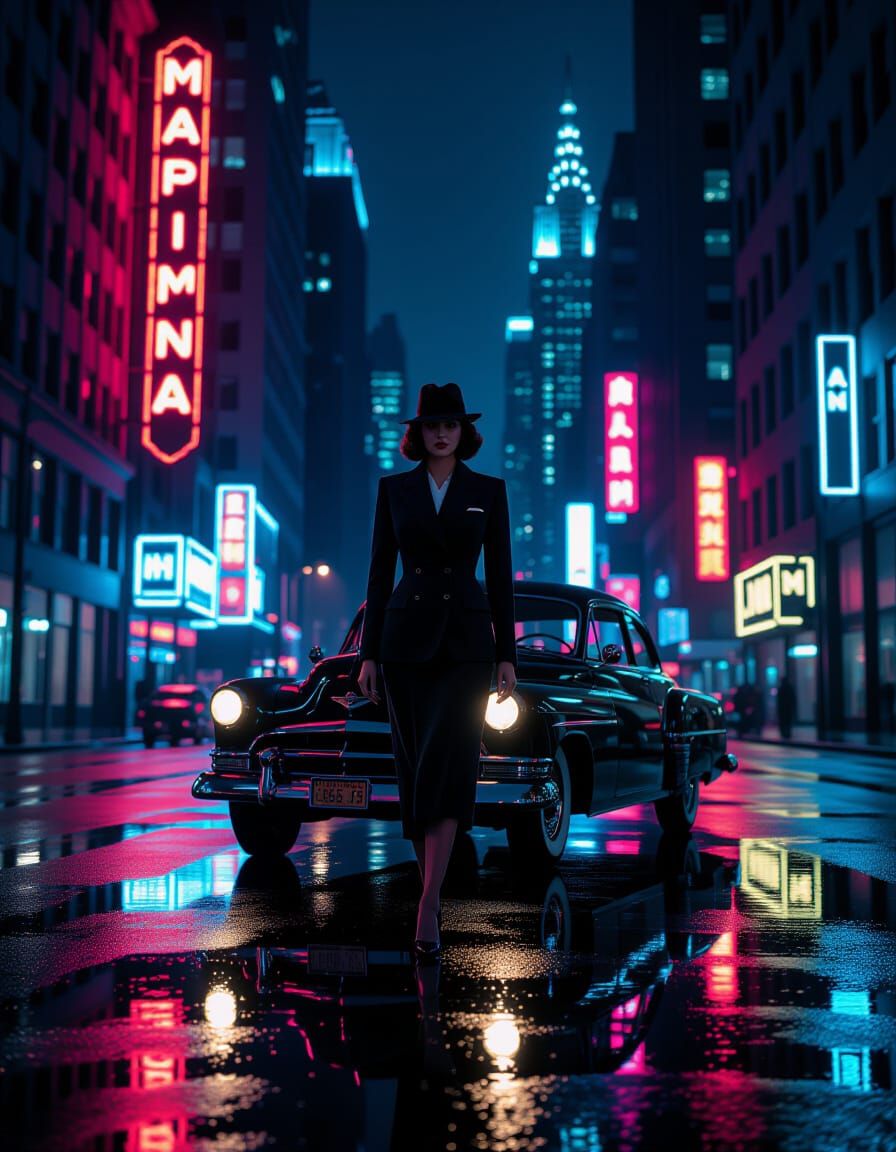Businesswoman in 1940s Suit on Rainy Night Street