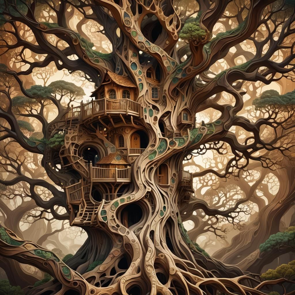 Treehouse in Gnarled Tree with Fractal Waves