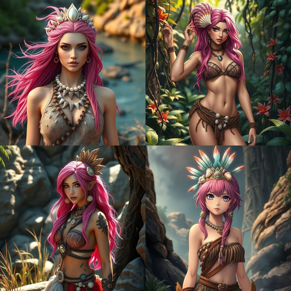 Anime-Style Cave Woman in Vibrant Wilderness Attire