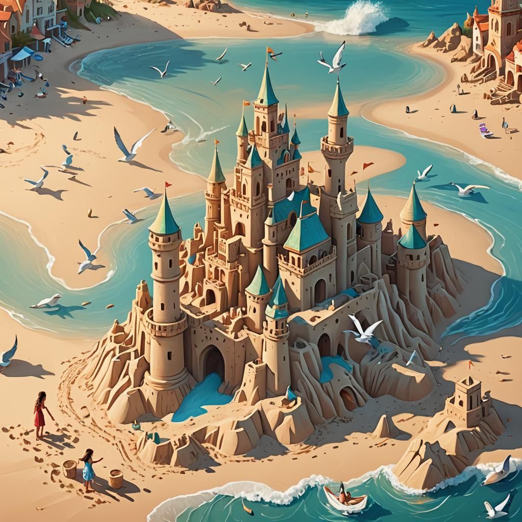 Girl Builds Sandcastles on Serene Beach