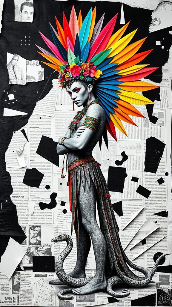 Quetzalcoatl Figure in Dada-Inspired Punk Aesthetic